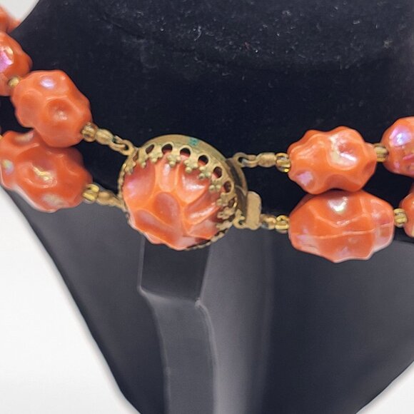 Vintage Austria Iridescent Molded Lumpy Coral Color Bead Necklace - Picture 3 of 12